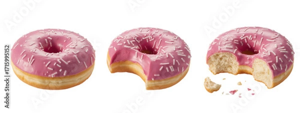 Fototapeta Indulge in sweet delight with a tempting pink frosted donut featuring crisp white sprinkles, showcasing a whole treat, one with a bite taken, and another partially eaten