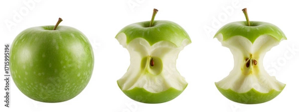 Fototapeta Fresh green apple transforms into a bitten core, showcasing the journey from whole to consumed, perfect for healthy eating concepts and food progression stories