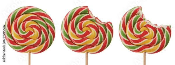 Fototapeta Vibrant spiral lollipops in festive red, green, and yellow hues, one with a tempting bite taken out, perfect for party fun and sweet treats