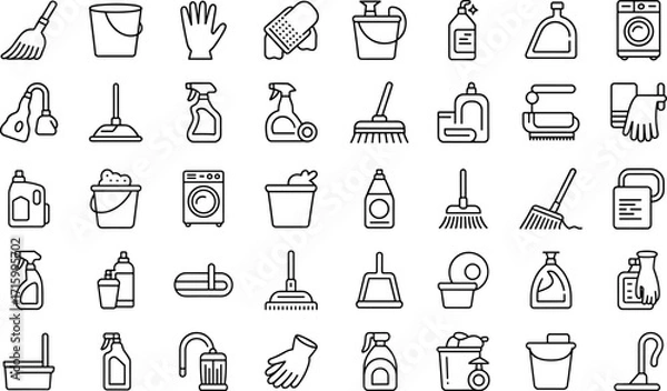 Obraz Housekeeping Tools Outline Vector Illustration Set Isolated on Transparent Background