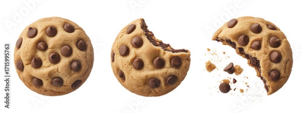 Fototapeta Indulge in delicious chocolate chip cookies, perfectly baked and ready to satisfy cravings, showcasing a whole cookie, one with a bite, and crumbled pieces for a dynamic food presentation.