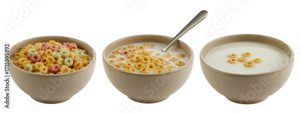 Fototapeta Crisp, colorful cereal rings transform into a delicious breakfast with creamy milk, perfect for a healthy and energetic start to any day, capturing morning joy and simple pleasure.