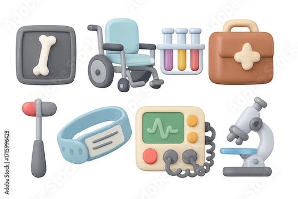 Fototapeta Pastel medical equipment set with 3d style icons and tools