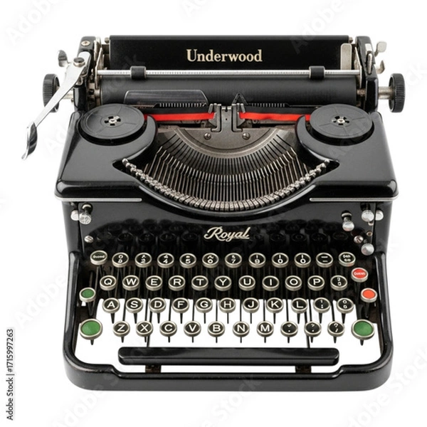 Fototapeta A close up shot of a black underwood royal typewriter with keys and metal components visible clearly created with generative ai