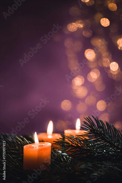 Obraz A beautiful, bright, festive Christmas abstract purple background with lit candles and a bokeh effect. Shining and sparkling, vibrant. Vertical banner, copy space