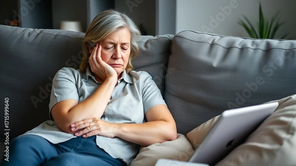 Fototapeta Psychologist appointment. Stressed sad tired exhausted caucasian middle-aged mature businesswoman freelancer relaxing on the couch sofa, thinking about family marriage work problems at work office