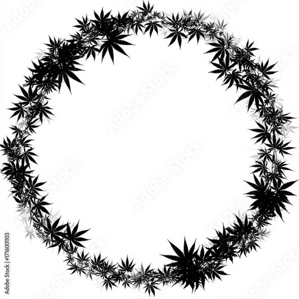 Fototapeta Stylized Cannabis Leaf in a Round Monochrome Frame: Decorative Border Element