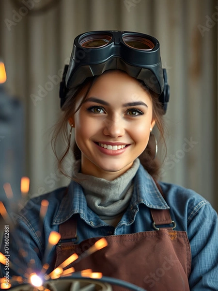 Fototapeta Portrait of a beautiful female welder at work, smiling at camera.