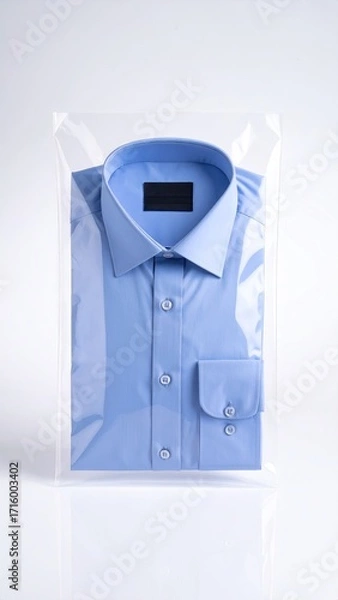 Fototapeta A light blue, collared dress shirt neatly folded inside a clear plastic garment bag, set against a white background