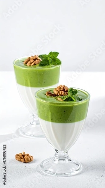 Fototapeta Two layered desserts in stemmed glasses, featuring a vibrant green creamy top layer, a white creamy bottom layer, garnished with walnuts and mint