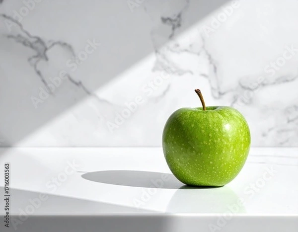 Fototapeta A single, vibrant green apple rests on a pristine white surface, subtly illuminated by diagonal sunlight casting a shadow against a marble backdrop