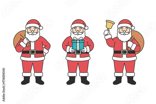 Fototapeta Santa Claus character set holding gift box, carrying sack of presents and ringing bell, traditional red suit with hat and beard, Christmas mascot for holiday season design. Flat vector illustration