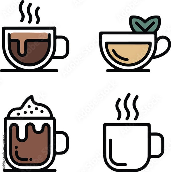 Fototapeta Minimal vector icon set of hot drinks including coffee, tea, and cocoa mugs with steam in modern beverage and cafe concept illustration