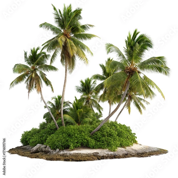 Obraz Lush tropical island with coconut palms under blue sky perfect for vacation relaxation and serenity