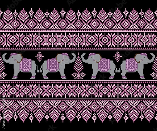 Fototapeta Geometric elephant pattern, seamless horizontal design for fabric, clothing, decoration, background.