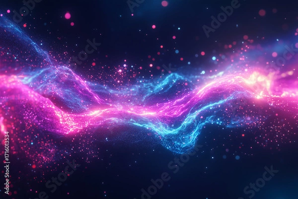 Obraz Futuristic glowing plasma wave, neon energy stream, holographic particles, cosmic power, dark sci-fi background