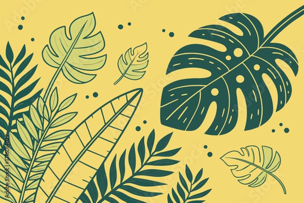 Fototapeta Tropical green leaf pattern on bright yellow background abstract vector