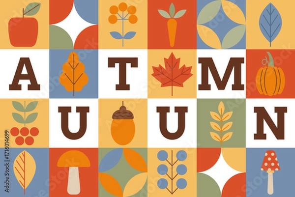 Fototapeta Horizontal autumn banner with simple icons of leaves, vegetables, berries and geometric shapes. Cute and cozy autumn mosaic background in trendy style.