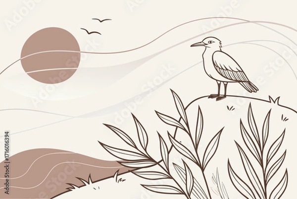 Fototapeta Minimal bird line art on hill with sun and plants in beige background