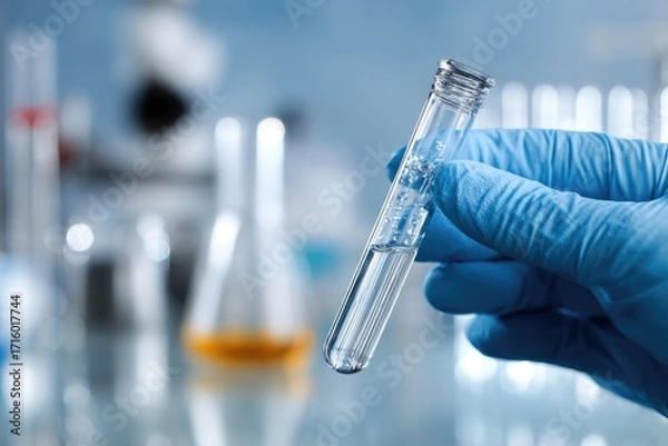 Fototapeta Scientist holding test tube in laboratory setting.