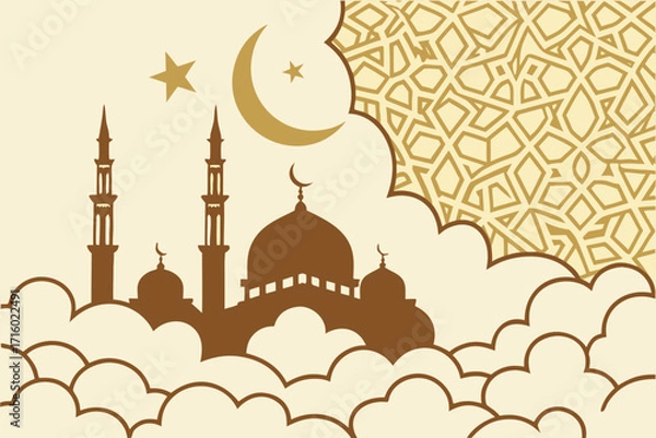 Fototapeta Elegant mosque silhouette with crescent moon and clouds in golden pattern