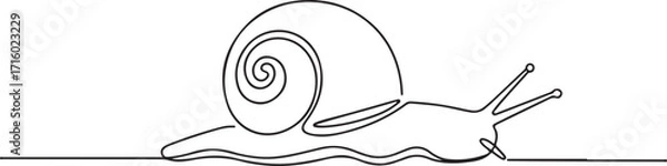Fototapeta Single Line Drawing of a Snail Crawling Slowly with its Shell and Antennae