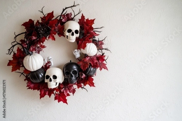 Fototapeta A decorative Halloween wreath, featuring white and black skulls, pumpkins, and red leaves, is displayed on a textured white wall.