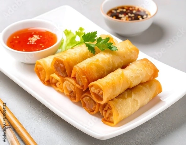 Fototapeta Golden spring rolls on a plate