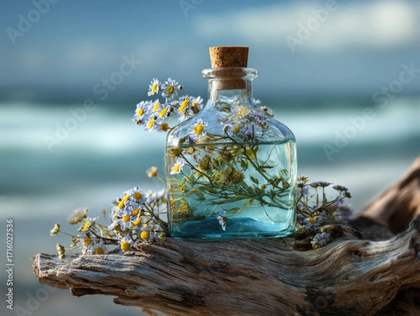 Obraz A serene scene featuring a glass bottle with flowers by the sea.