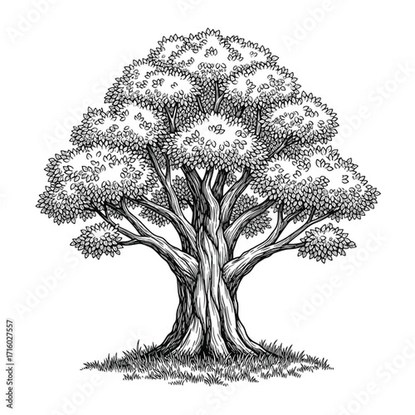 Fototapeta A majestic old oak tree stands tall with sprawling branches and a full canopy of leaves.