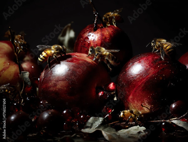 Obraz Bees buzzing around ripe red apples in dramatic lighting.
