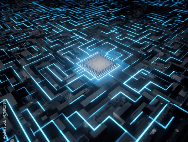 Obraz Futuristic circuit board with glowing pathways and a central chip.