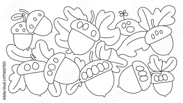 Obraz A detailed black and white outline drawing of acorns and leaves in a pattern for coloring book use
