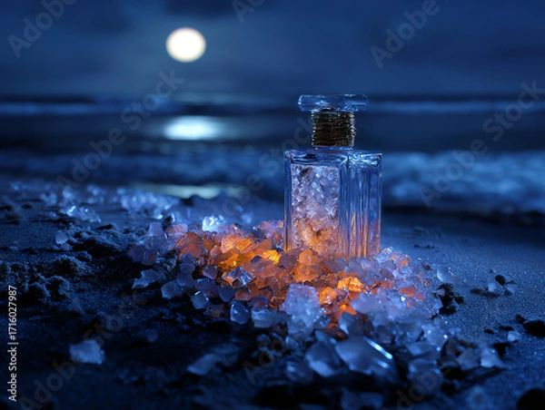 Obraz A perfume bottle glows on the beach under a moonlit sky.