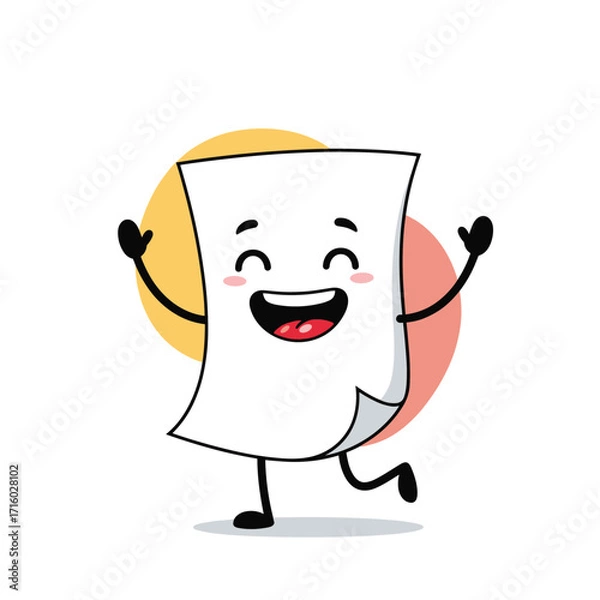 Fototapeta This happy cartoon sheet of paper is dancing with joy and excitement.