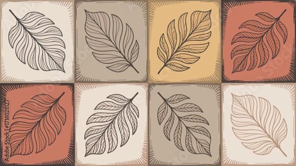 Obraz Decorative pattern with sketched leaves in squares of beige brown orange and cream colors showing art