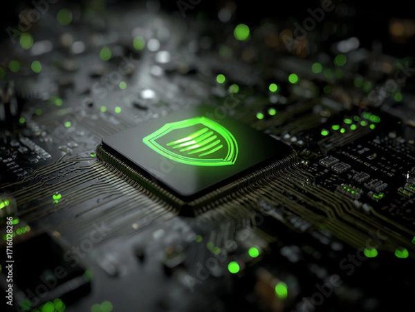 Obraz Close-up of a computer chip showcasing green circuitry.
