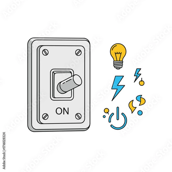 Fototapeta A toggle switch is depicted in the illustration in the on position with several symbols representing electricity and light bulbs.