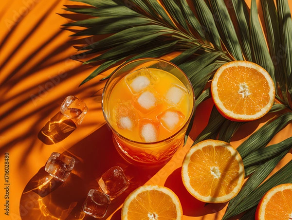 Obraz Refreshing orange drink with ice beside vibrant palm leaves.
