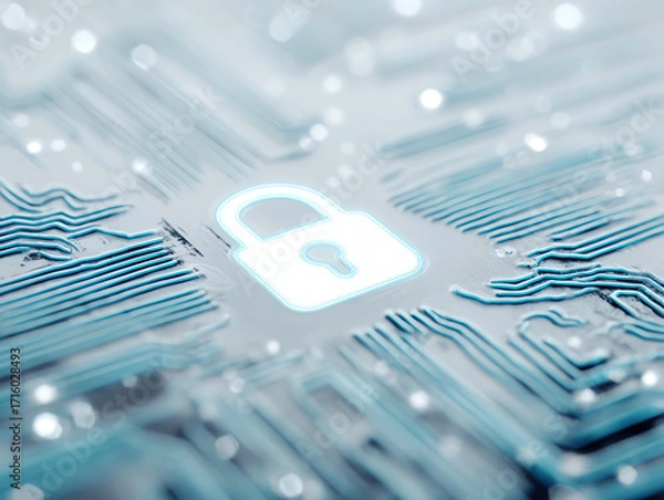 Obraz Close-up of a digital circuit board featuring a security lock.