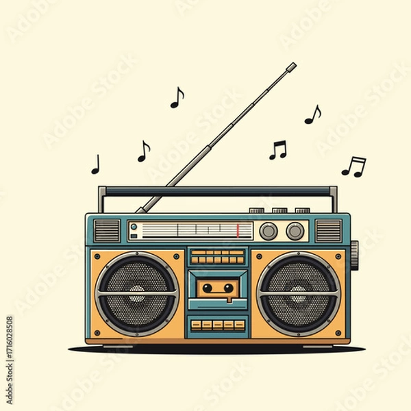 Fototapeta Vintage boombox playing retro tunes with musical notes floating above the antenna.