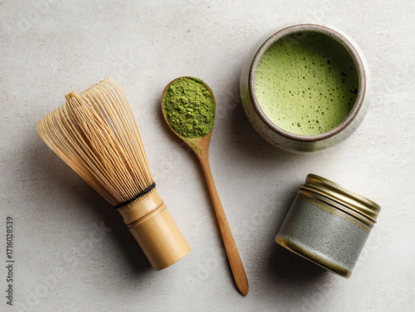 Obraz Essential matcha tea tools including whisk, spoon, and powder.