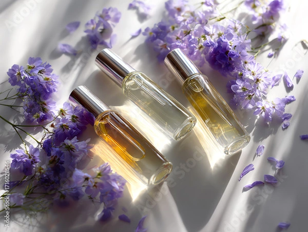 Obraz Elegant perfume bottles surrounded by delicate purple flowers.