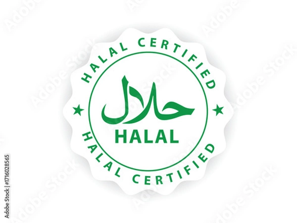 Obraz Green halal food certified label icon with Arabic calligraphy and halal assurance badge design