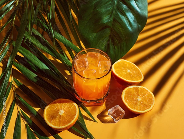 Obraz Refreshing orange drink with ice and tropical leaves on vibrant backdrop.
