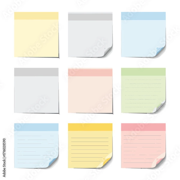 Fototapeta Collection of nine assorted colorful sticky notes with subtle shadow effects and a slightly peeled corner on each one.