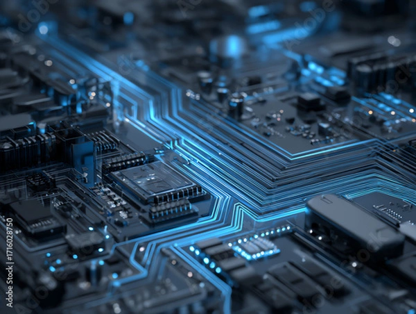 Obraz Close-up of a modern circuit board showcasing intricate details.