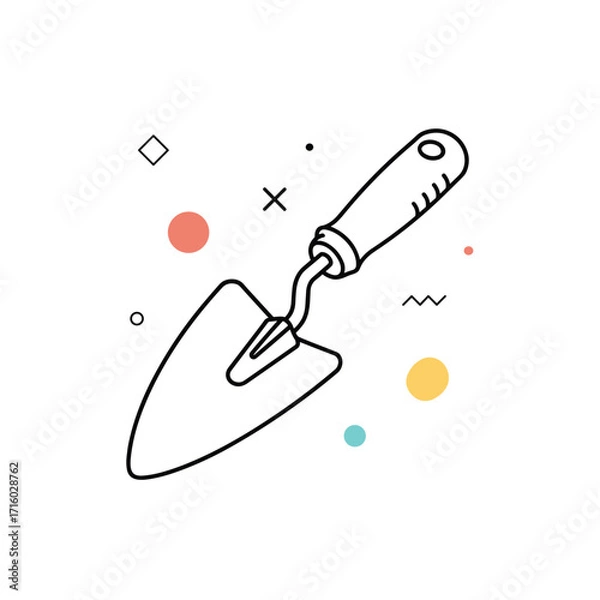 Fototapeta A simple outline drawing of a garden trowel surrounded by colorful abstract shapes and patterns.