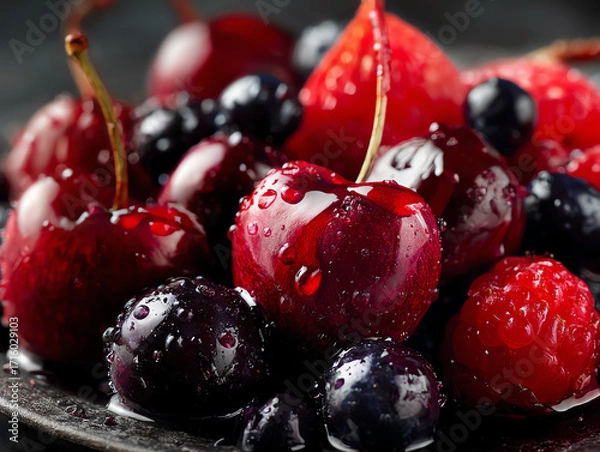 Obraz Fresh, vibrant berries on a dark plate, glistening with moisture.