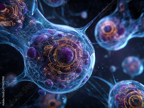Obraz Futuristic depiction of microscopic cells interacting beautifully.